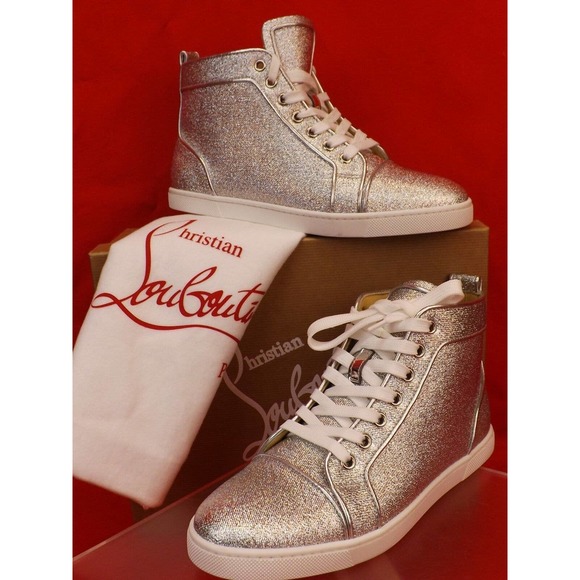 NIB LOUBOUTIN BIP BIP SILVER ORLATO FLAT LUREX LEATHER HI TOP SNEAKERS 39.5 - Picture 4 of 12